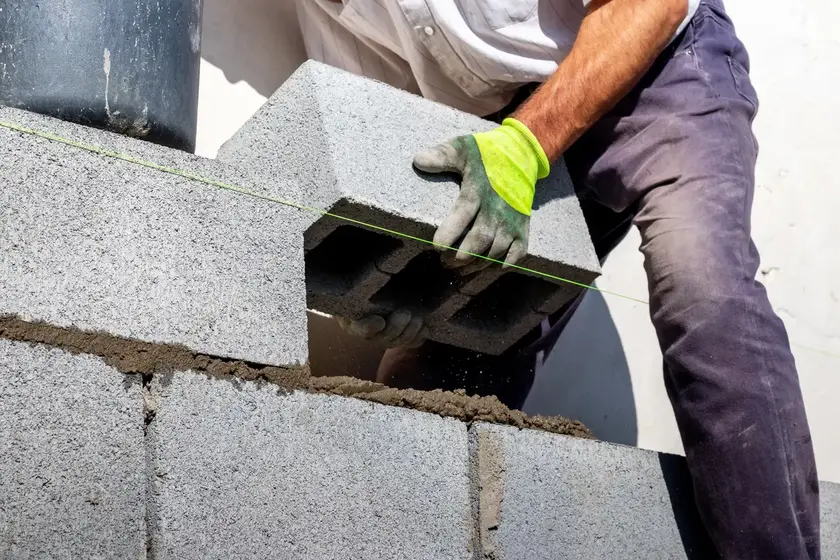Close up of a bricklayer laying down a large cement brick onto a wall he is building